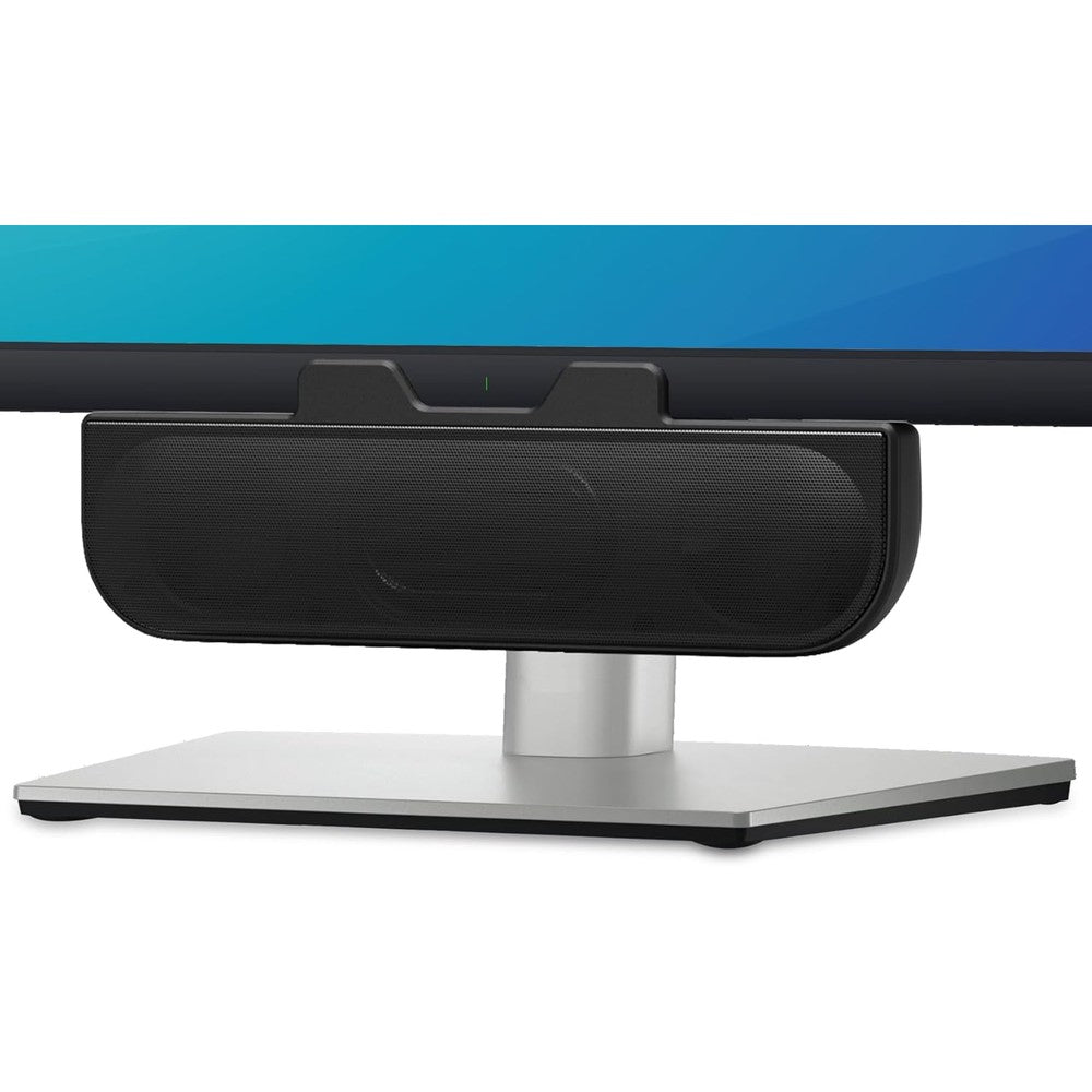 XKX computer speakers front view clamped to a sleek desktop monitor screen