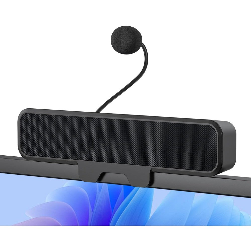 Inwa computer speakers with microphone front view clipped to a desktop personal computer monitor showcasing the space saving soundbar design.