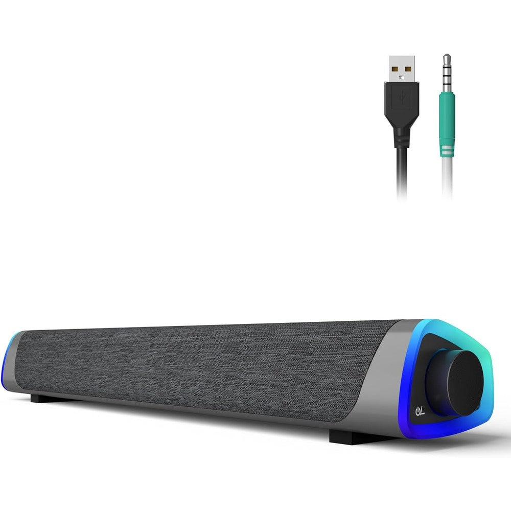 Soulion R30 computer speaker soundbar in gray front view showcasing the sleek fabric finish and compact desktop design.