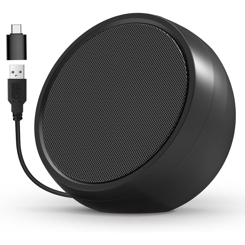 ABRRU USB computer speaker front view showing matte black finish and compact circular design.