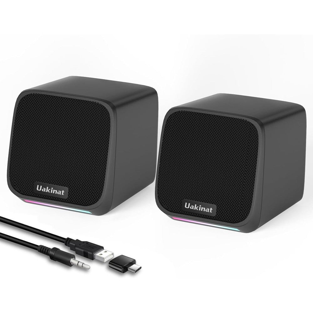 Uakinat computer speakers front view showing compact design and metal mesh