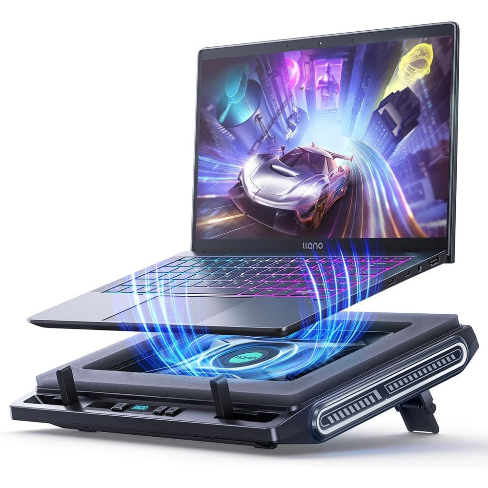 Llano V10 laptop cooling pad front view showing the premium black chassis and digital LCD fan speed screen