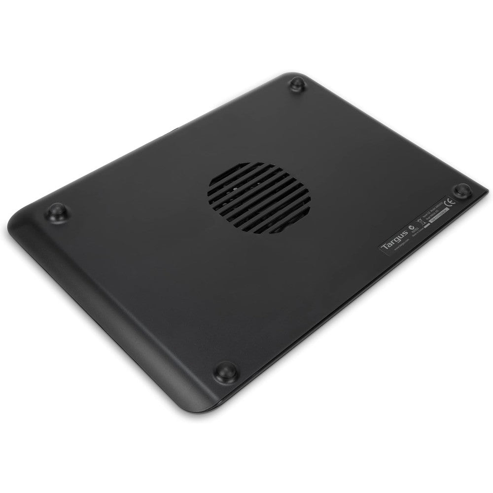 Targus laptop cooling pad front view showing the ventilated black grill and single fan housing.