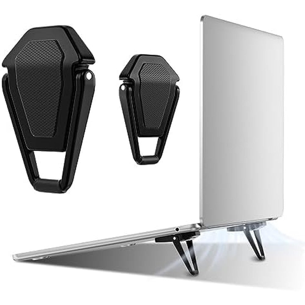SUNTAIHO portable invisible laptop stand front view showing the sleek black finish attached to a notebook.