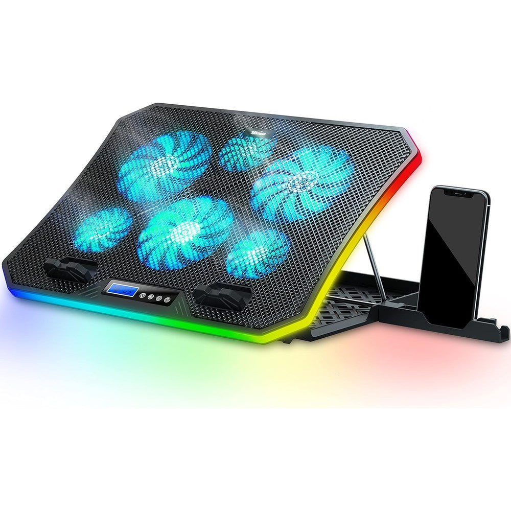 TopMate C12 laptop cooling pad front view highlighting the blue LED fans and active RGB light strips on a desk setup.
