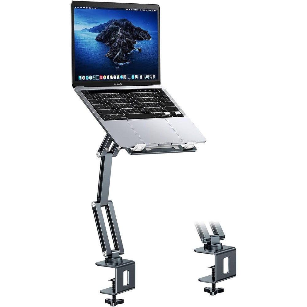 Nediea aluminum laptop mount for desk front view showcasing the grayish green adjustable arm and tray setup