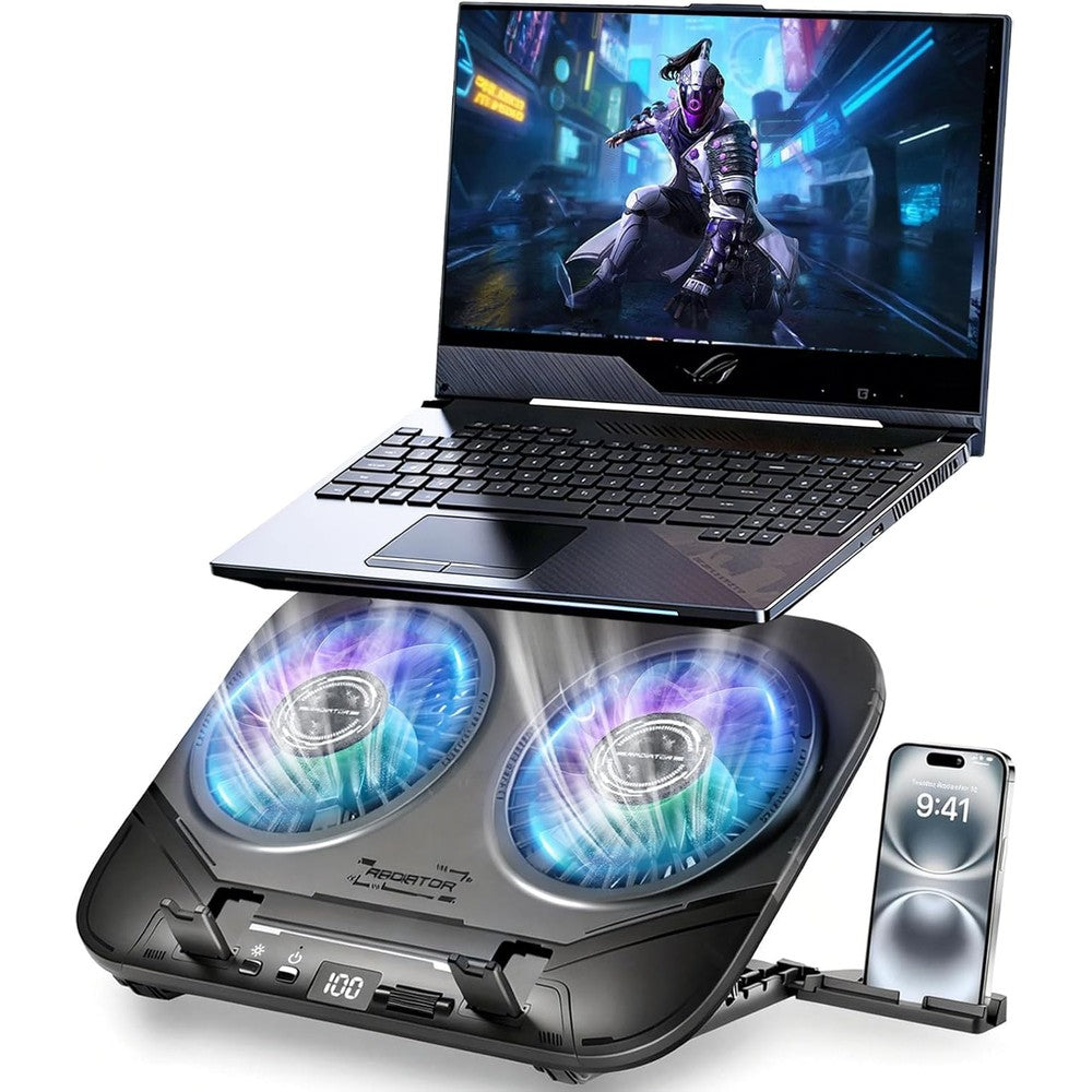 WEKEFON upgraded gaming laptop cooling pad front view displaying dual turbo fans and active cooling mesh.