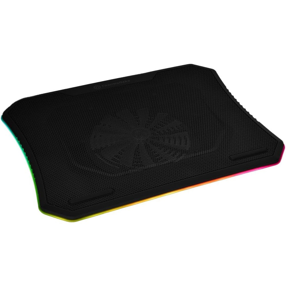 Thermaltake Massive 20 RGB laptop cooling pad front view showing black steel mesh panel and illuminated fan.