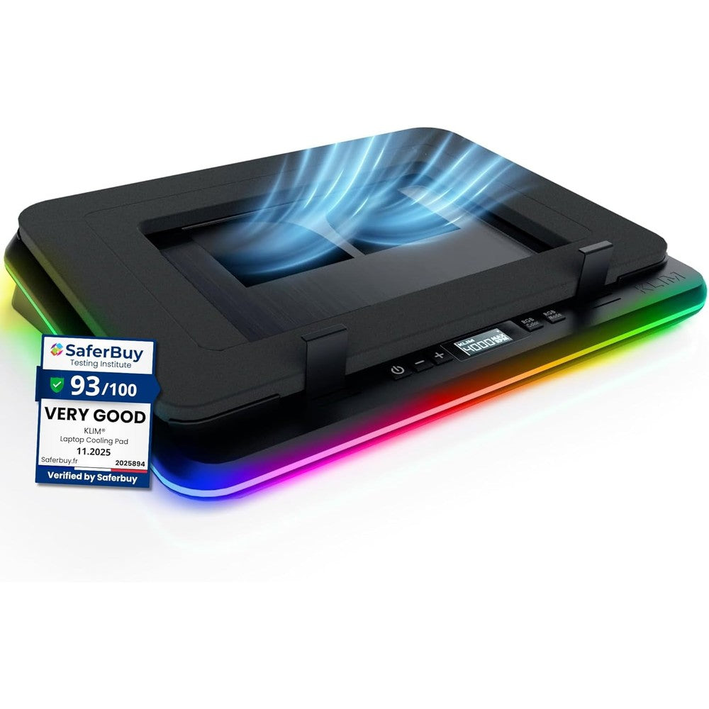 KLIM Turbofrost gaming laptop cooling pad front view showing four turbo fans and dynamic RGB lighting setup.
