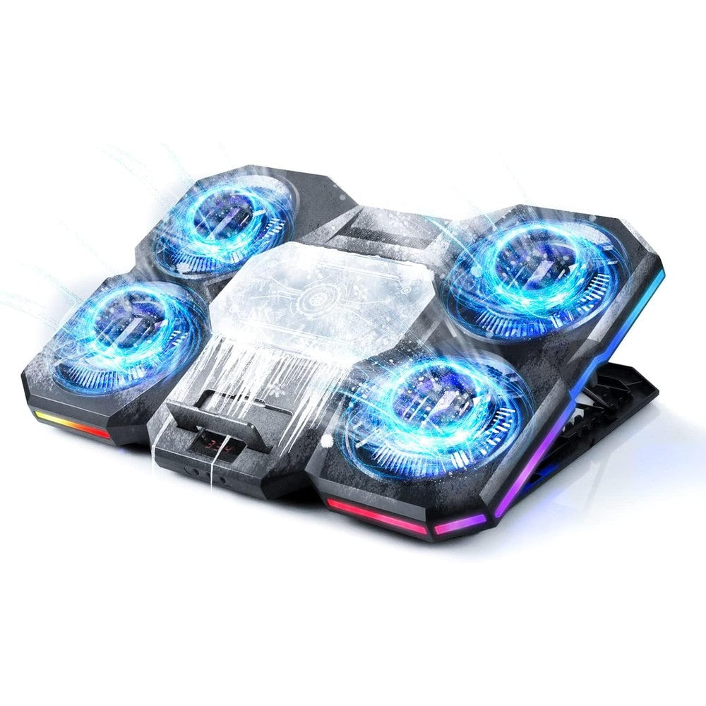QUICARD upgraded laptop cooling pad front view showing central thermoelectric cooler and four silent fans with RGB lights.