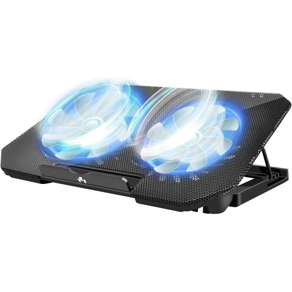 FOBELEC laptop cooling pad front view showcasing the black metal mesh surface and dual blue LED fans.