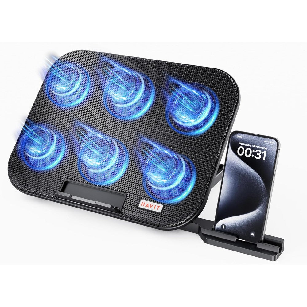Havit 6 fan laptop cooling pad front view showing mesh surface and phone holder