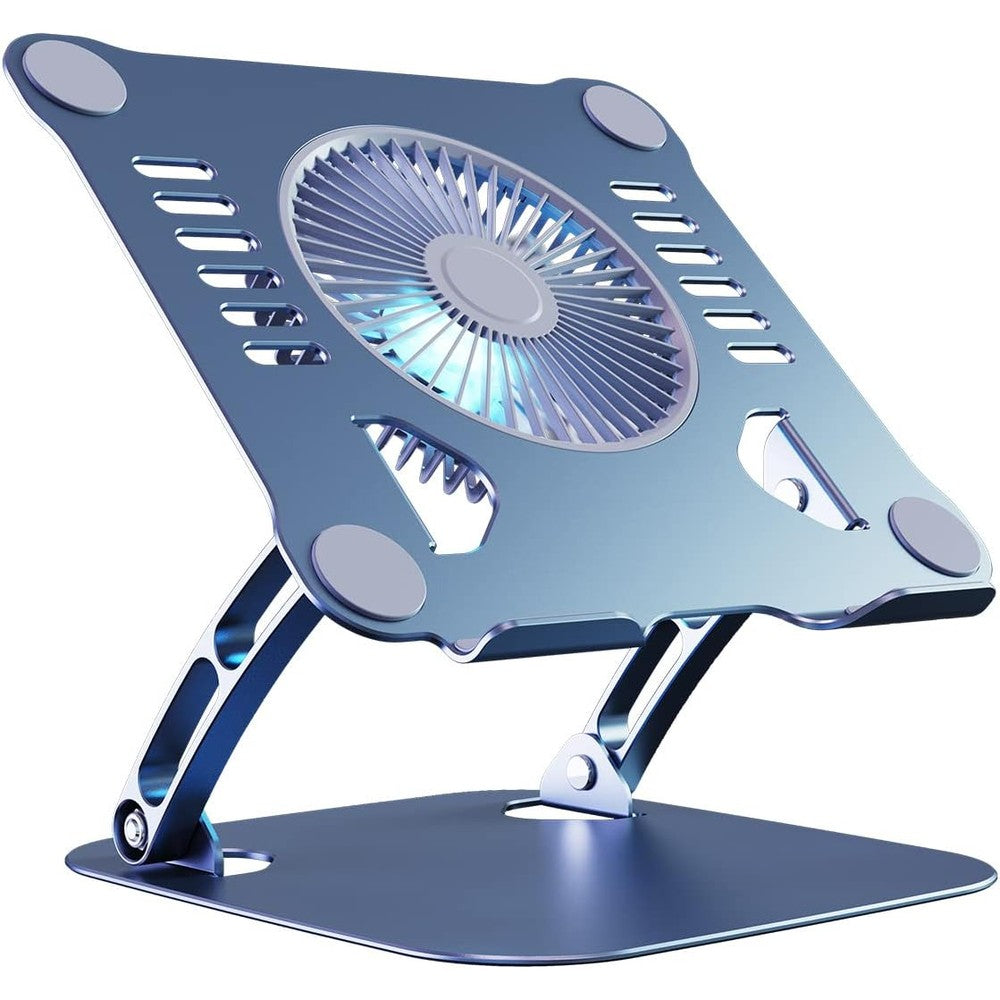 SHUWEI laptop cooling stand front view showing the anodized aluminum structure and central fan