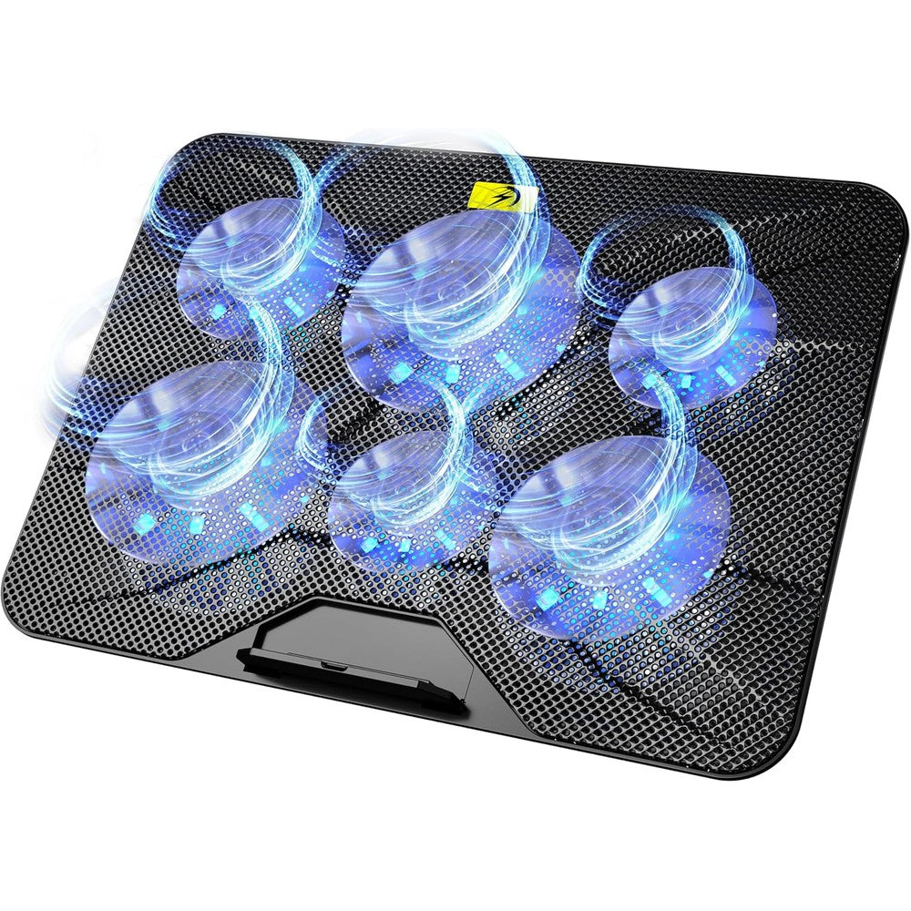 AICHESON laptop cooling pad front view showing blue LED lights and six fans.