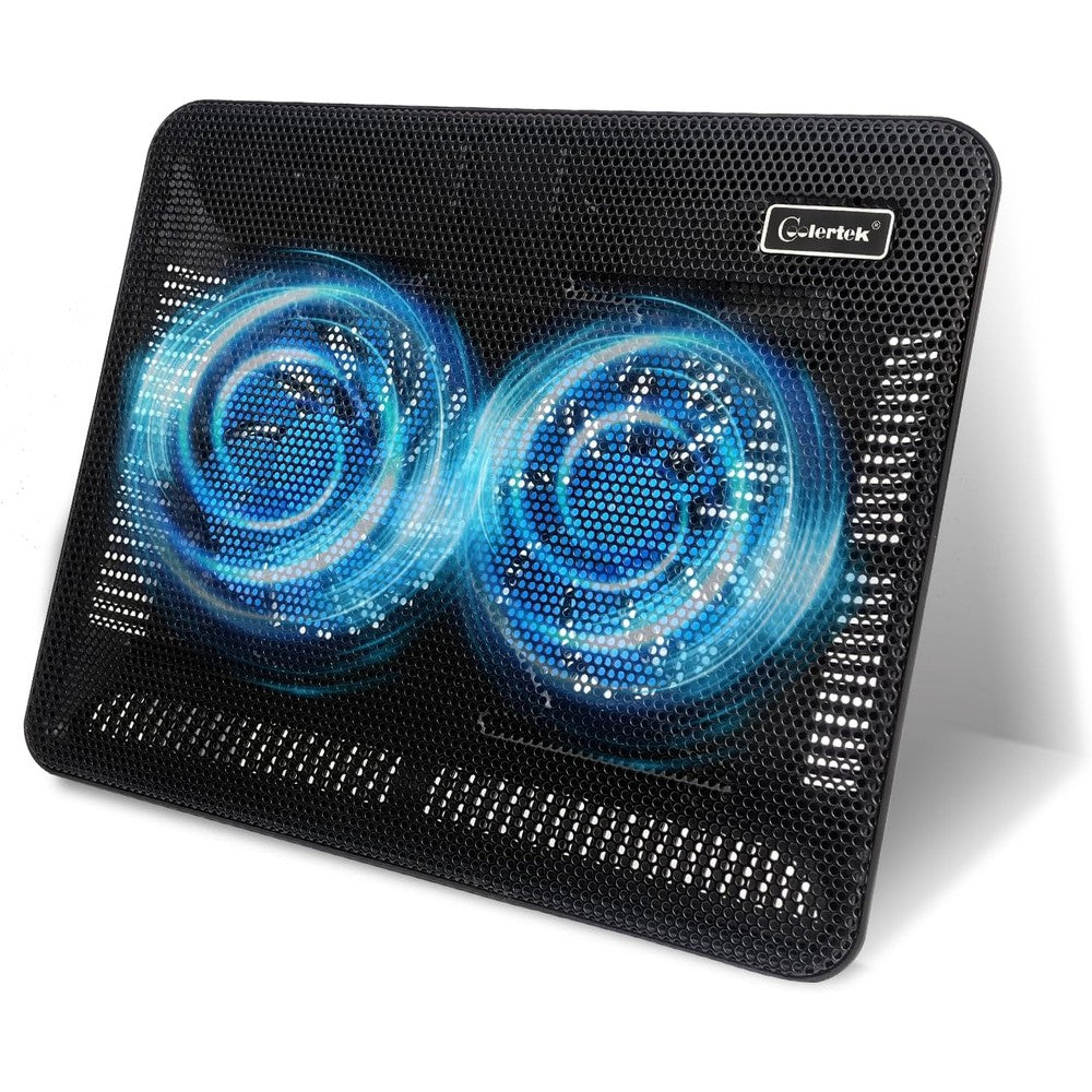 Coolertek laptop cooling pad front view showing metal mesh surface and two blue light emitting diode fans