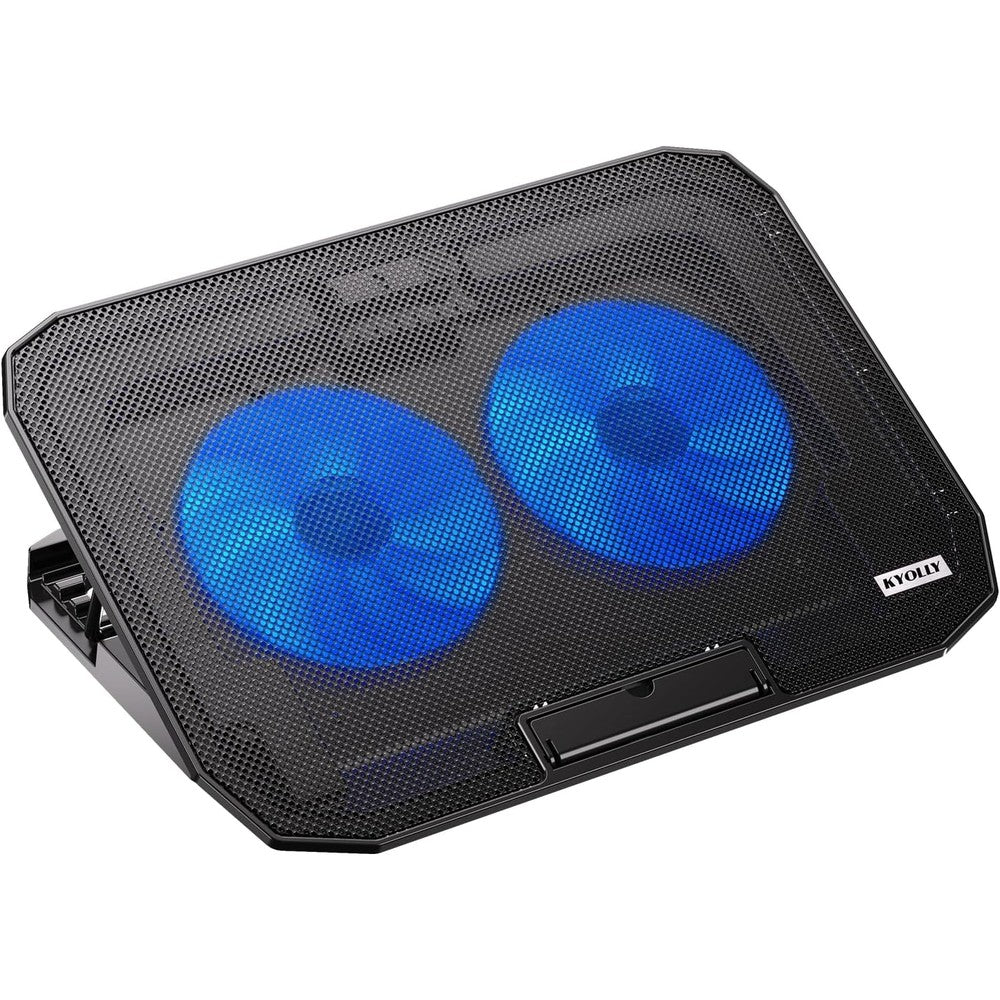 KYOLLY ultra slim laptop cooling pad front view showing blue light emitting diode fans and metal mesh surface.