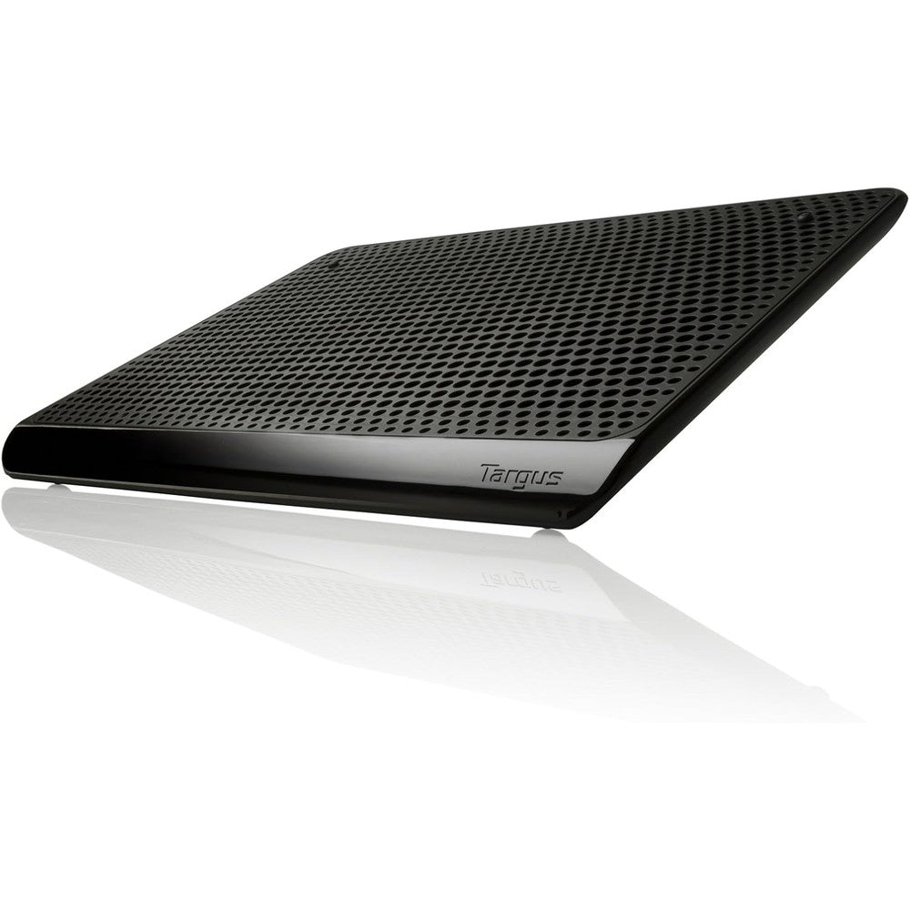 Targus Dual Fan Laptop Cooling Chill Mat front view showing the black metal mesh surface and rubberized grips.
