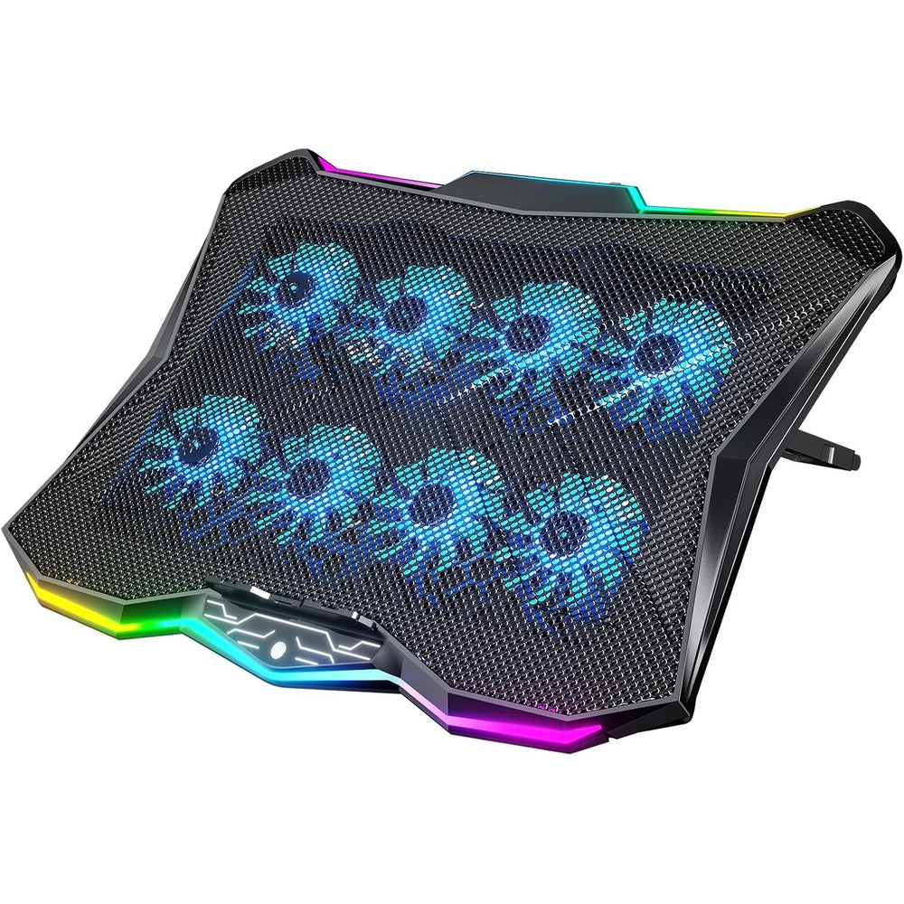 AICHESON gaming laptop cooling pad front view showing eight active fans with blue lights
