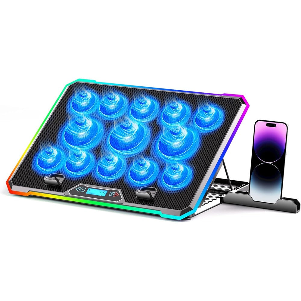Kyolly gaming laptop cooler front view displaying thirteen active fans and blue lighting on a dark background