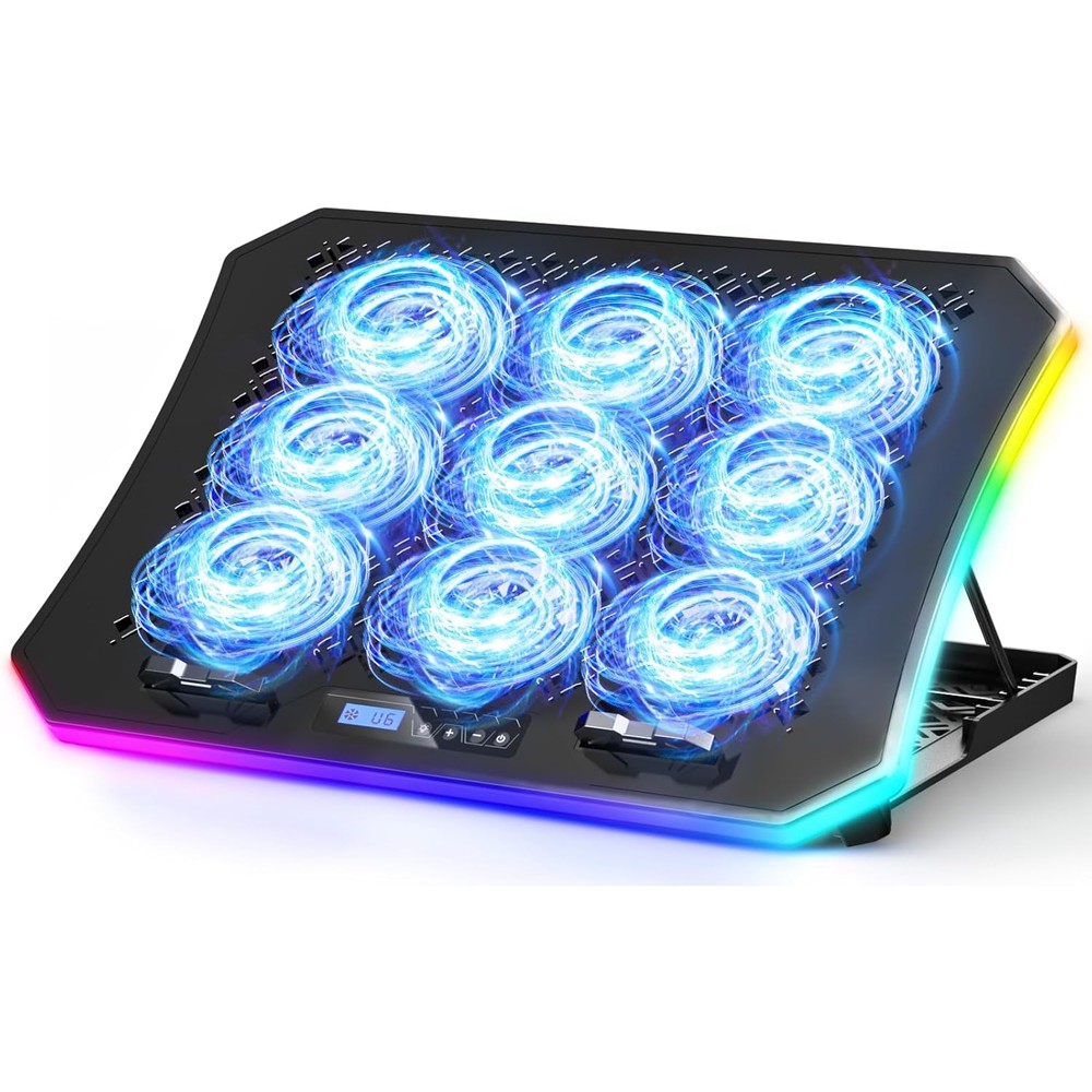 KeiBn Upgraded Gaming Laptop Cooler Pad front view showing nine blue glowing fans and integrated LCD control panel.