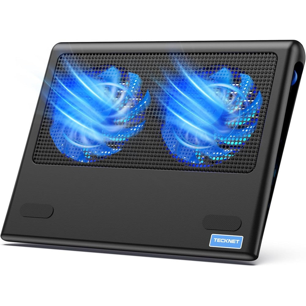 TeckNet N5 laptop cooling pad front view showing blue LED lights and metal mesh surface