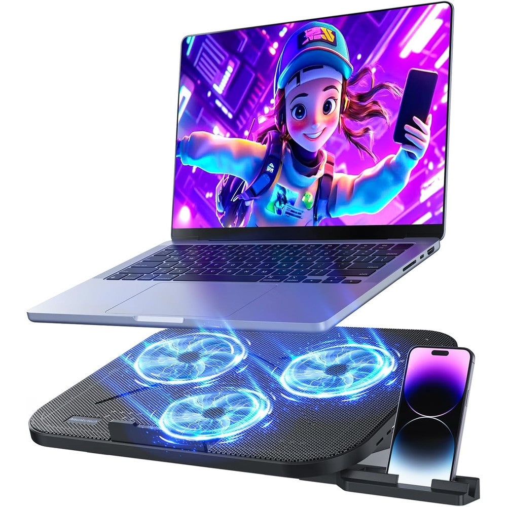 Aisunkutech laptop cooling pad front view showing three large quiet fans and stainless steel honeycomb mesh screen.