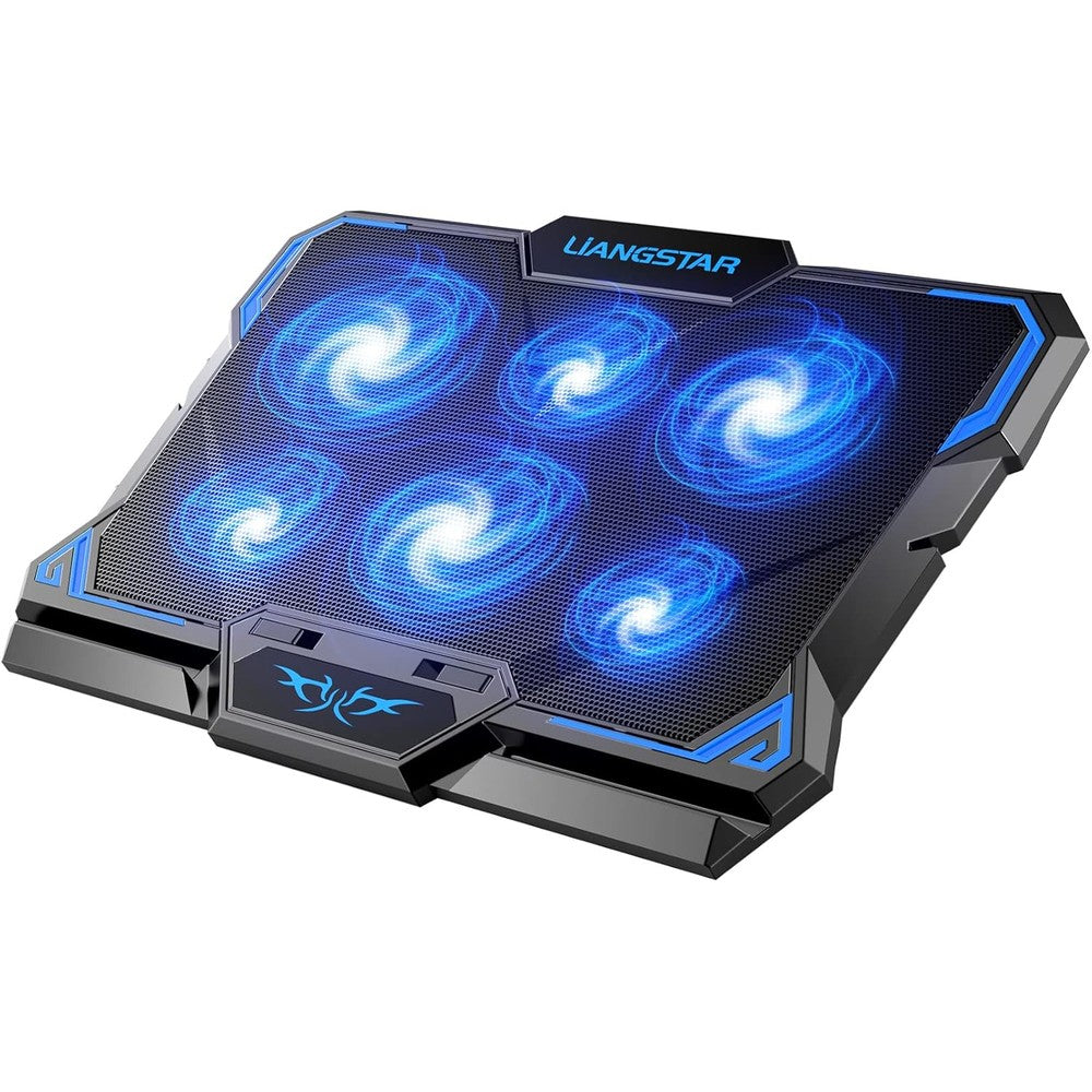 LIANGSTAR laptop cooling pad front view showing six blue LED fans illuminated with metal mesh surface