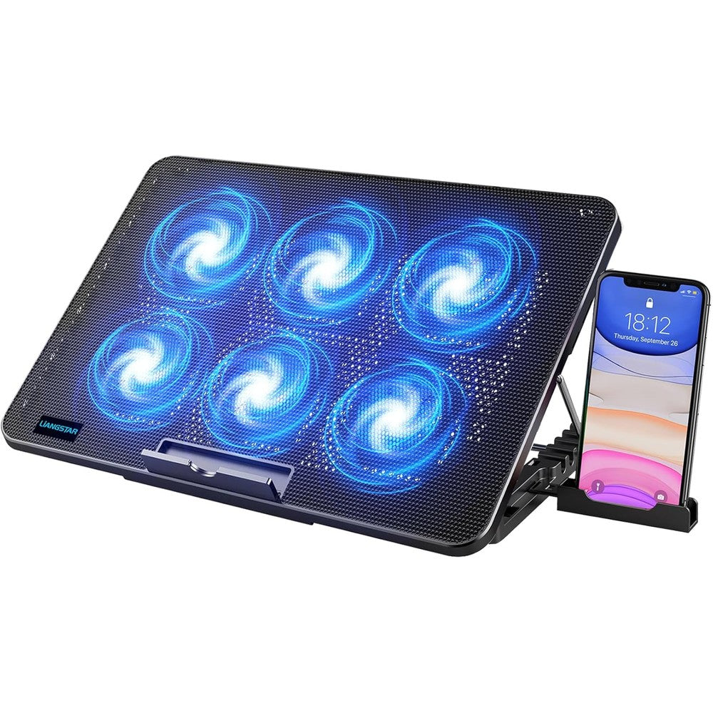 LIANGSTAR laptop cooling pad front view showcasing six blue LED fans and metal mesh surface