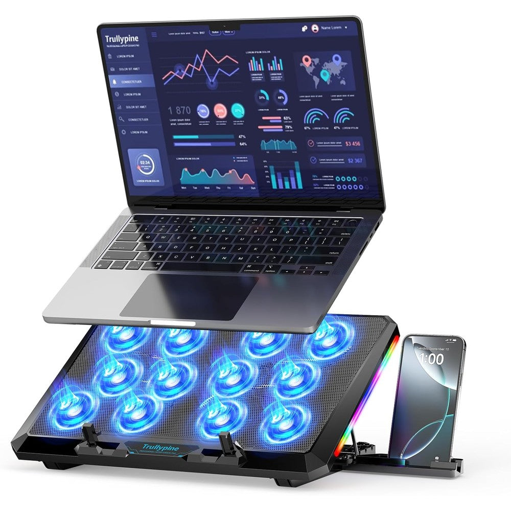 Trullypine F12 laptop cooling pad front view showing twelve blue LED fans and metal mesh surface