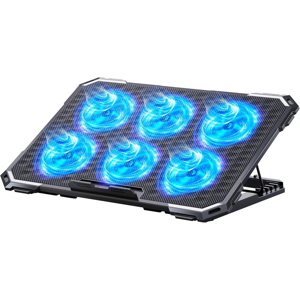 ICE COOREL laptop cooling pad front view showing blue LED lights and six fans gaming accessories