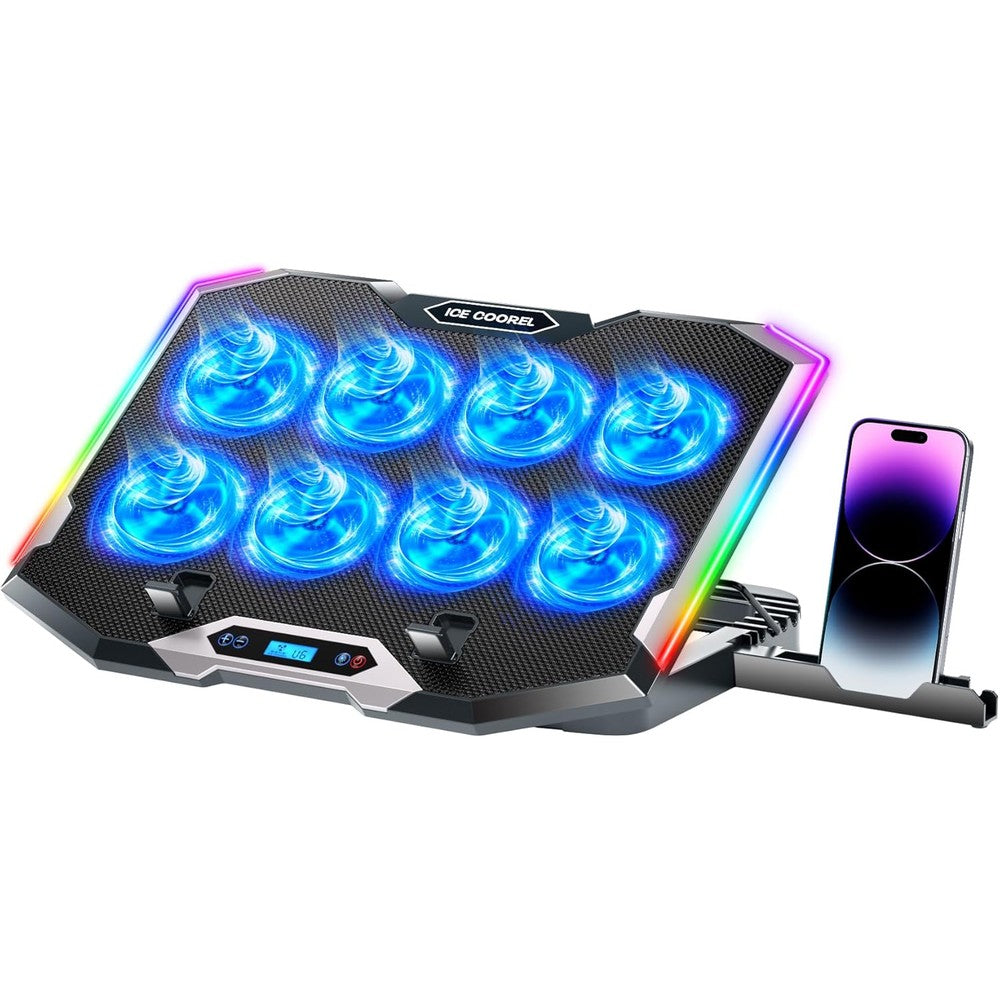 ICE COOREL gaming laptop cooling pad front view displaying the eight active cooling fans and aluminum mesh grid