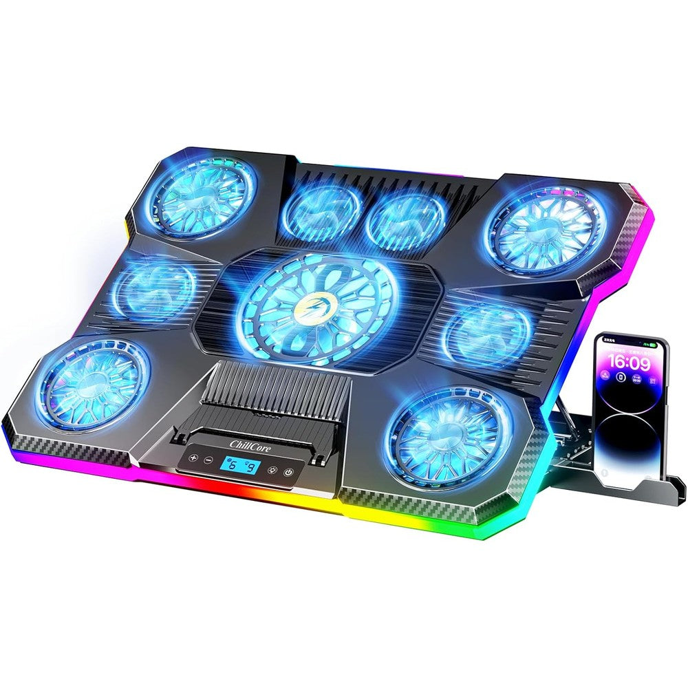 ChillCore Laptop Cooling Pad front view showing nine blue LED fans running on the mesh surface.