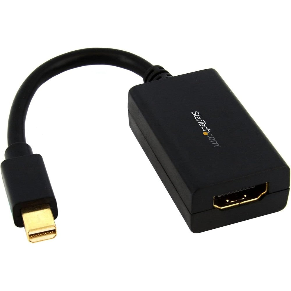 StarTech Mini DisplayPort to HDMI adapter front view showcasing the sleek black housing and compact design.