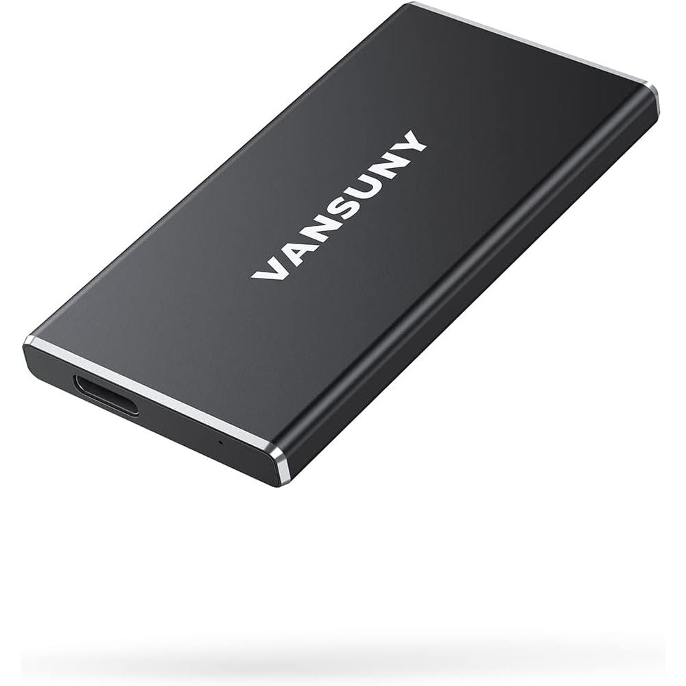 Vansuny 500GB Portable External Solid State Drive front view showing black metal design