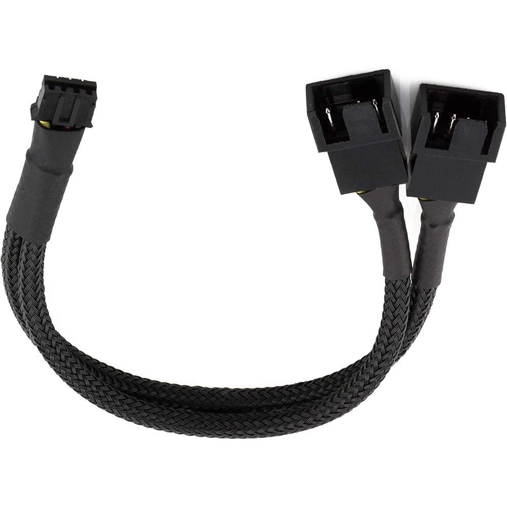 Easycargo GPU Fan Adapter Splitter Cable front view showing micro four pin connector and dual pulse width modulation fan outputs