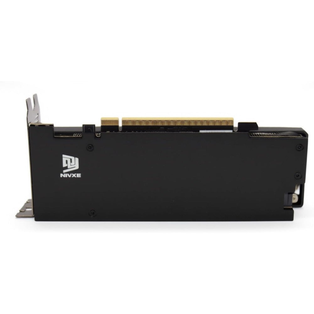 NIVXE aluminum GPU backplate front view showing custom matte black finish