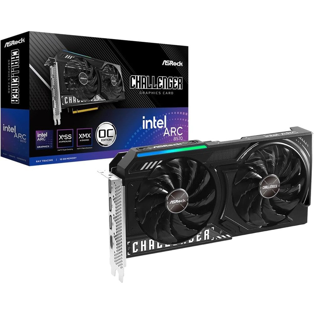 ASRock Intel Arc B570 Challenger graphics card front view showing dual fans