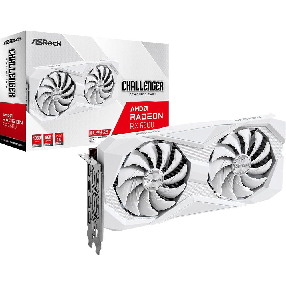 ASRock AMD Radeon RX 6600 Challenger White graphics card front view showing dual fans