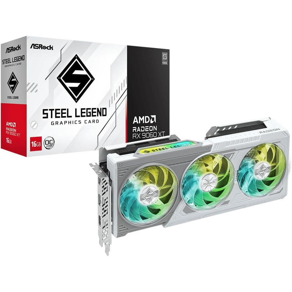 ASRock Radeon RX 9060 XT Steel Legend 16GB graphics card front view showing the triple fan cooling setup