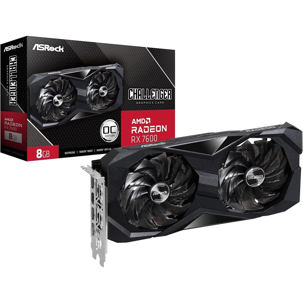 ASRock AMD Radeon RX 7600 Challenger graphics card front view showing the dual fan cooling design.