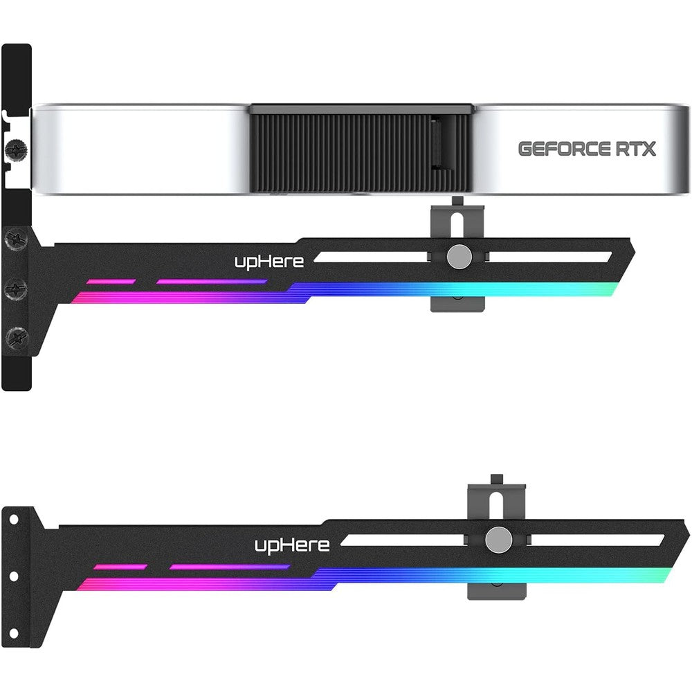 upHere G276ARGB graphics card brace support front view showcasing vibrant customizable addressable RGB lighting.