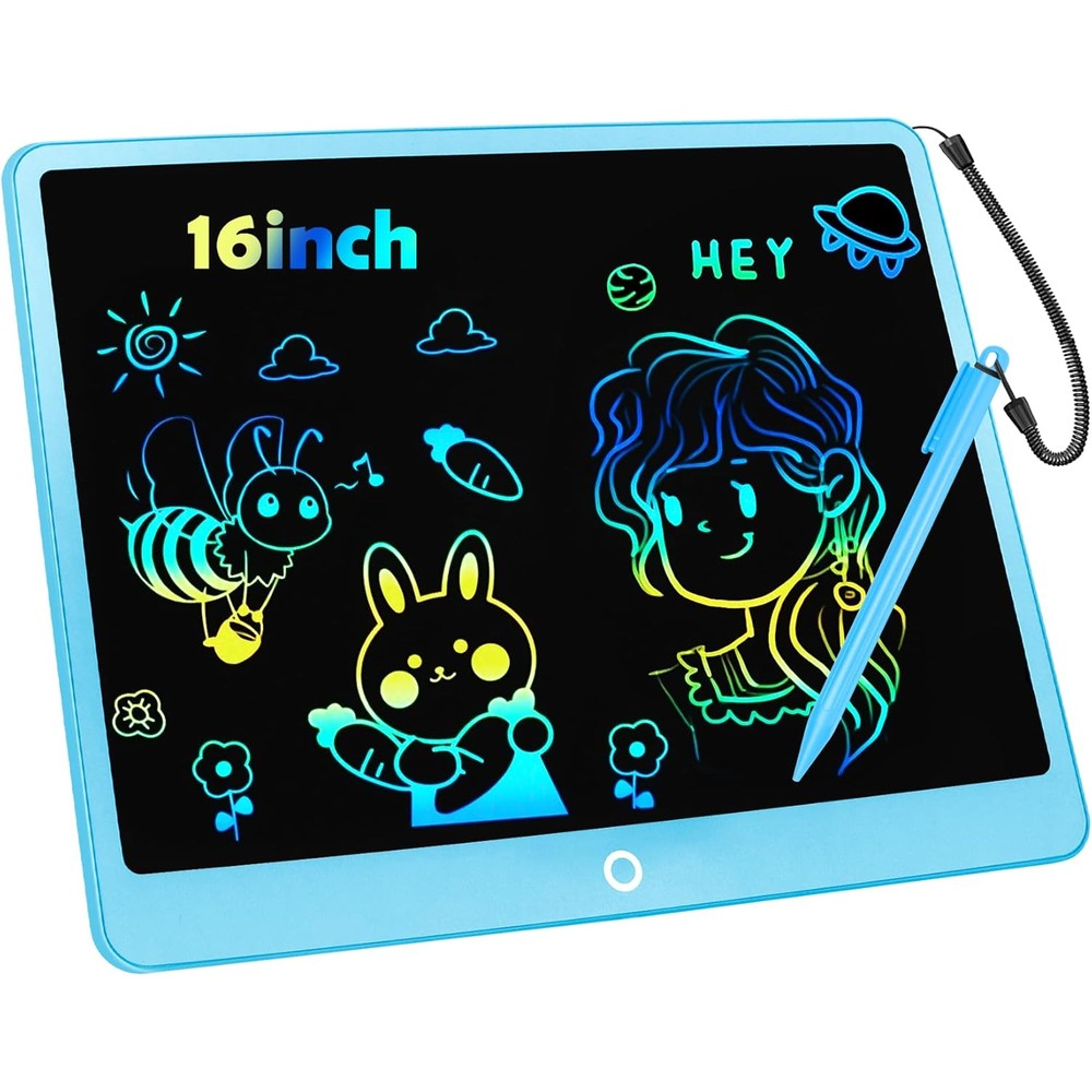 FXI LCD Writing Tablet front view showing colorful sixteen inch digital drawing surface with stylus