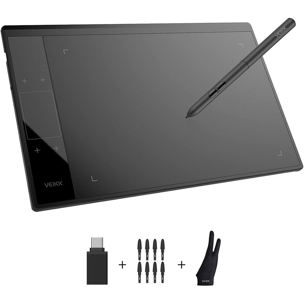 VEIKK A30 V2 graphic drawing tablet front view showcasing the large ten by six inch workspace and matte black finish