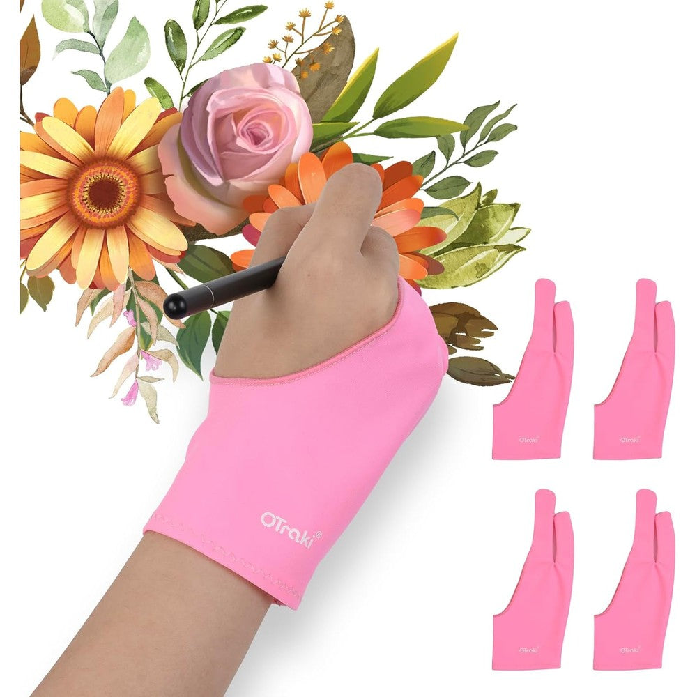 OTraki drawing glove four pack front view featuring stylish pink two finger design for digital artists