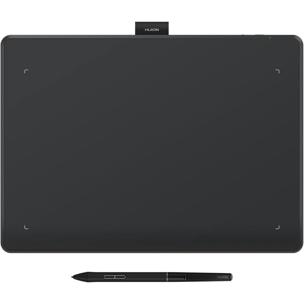 HUION Inspiroy Frego Medium Wireless Drawing Tablet front view displaying the clean textured drawing surface and the battery-free slim stylus pen.