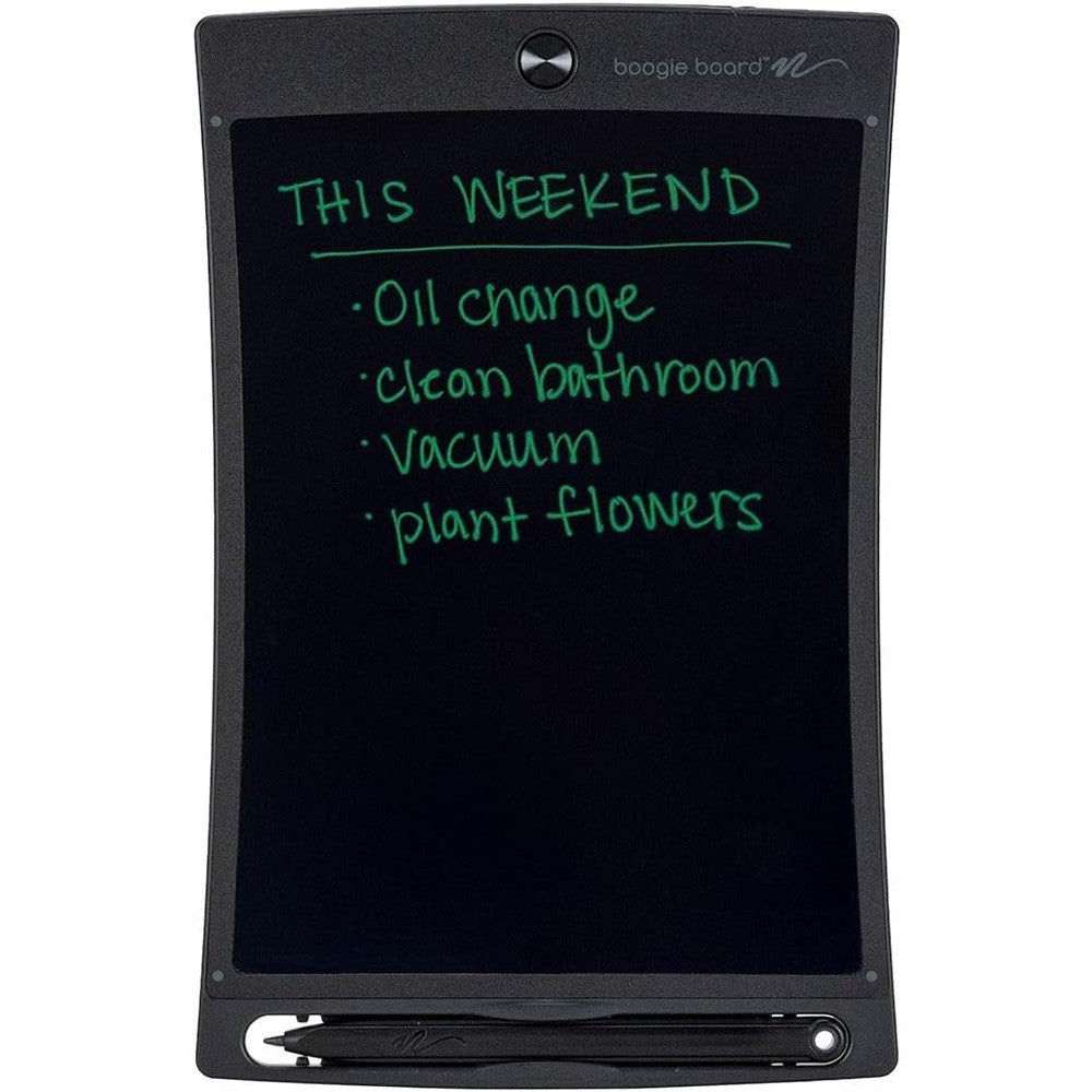 Boogie Board Jot 8.5 inch reusable writing tablet front view showing grey bezels and stylus pen