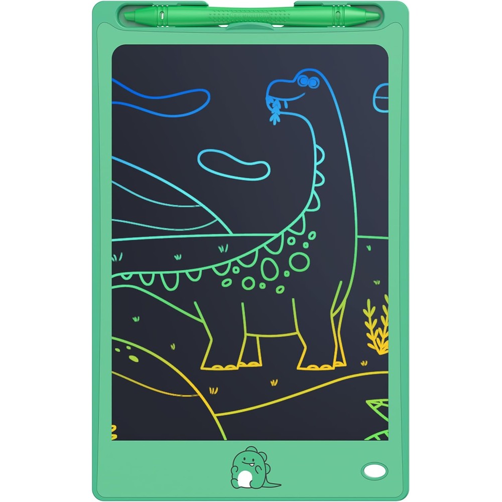 FLUESTON LCD Writing Tablet front view showing colorful screen drawings and dinosaur frame design