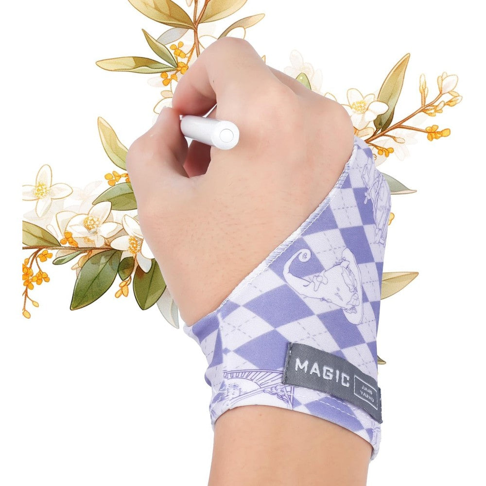 Spaseeba artist drawing glove front view showing two-finger purple checkerboard pattern layout.