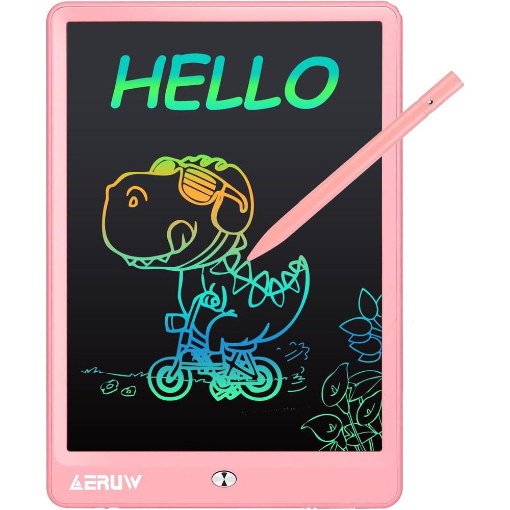 ERUW 10 inch LCD writing tablet front view showing colorful doodle screen for kids.