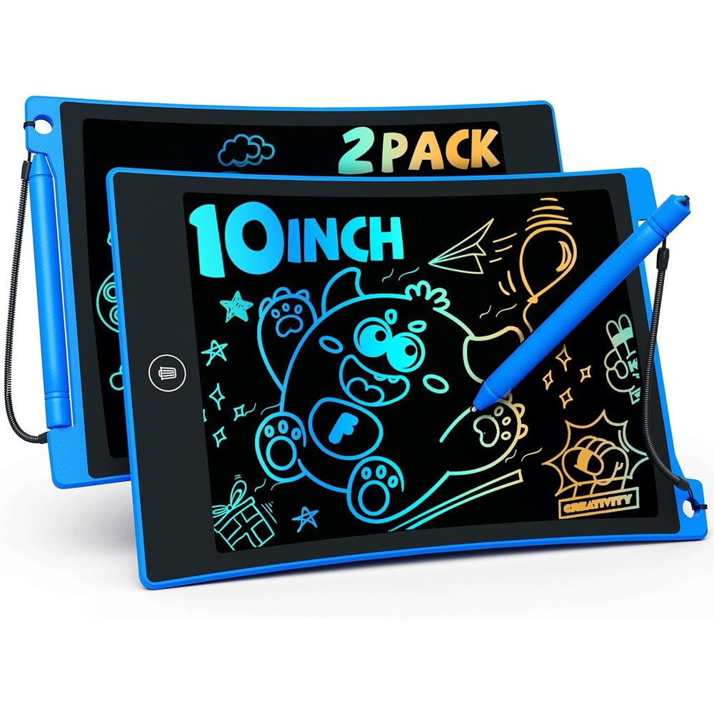 TEKFUN 2 Pack LCD Writing Tablet front view showing two blue 10 inch colorful drawing pads